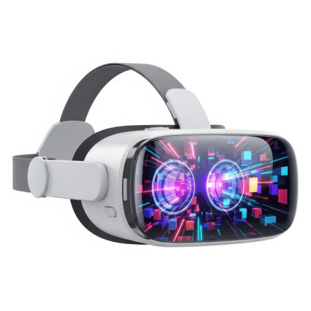 Experience the future of entertainment and gaming with this advanced virtual reality headset. Its sleek design houses a powerful display showcasing dazzling digital worlds and cutting-edge technology, offering unparalleled immersion and interactive experiences for users.の素材