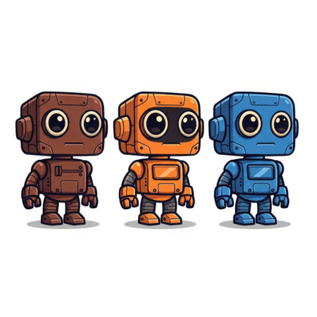 This delightful image features three charming, cube-shaped cartoon robots with large, expressive eyes. Each robot sports a unique color: a rich brown, a vibrant orange, and a cool blue. Their metallic bodies and articulated limbs give them a friendly, approachable appearance, perfect for engaging digital content.の素材