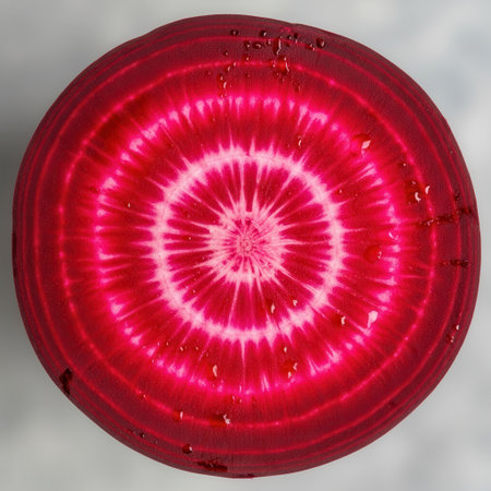 A detailed top-down view of a halved beetroot showcasing its striking natural pattern. The deep red exterior gives way to concentric rings of lighter pink and white, with tiny water droplets glistening on the surface, highlighting its freshness and texture.の素材