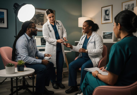 A group of healthcare professionals, including doctors and nurses of various ethnicities, engage in a serious discussion. They are seated in a well-lit room, possibly a hospital or clinic, conveying a sense of teamwork and dedication to patient well-being.の素材