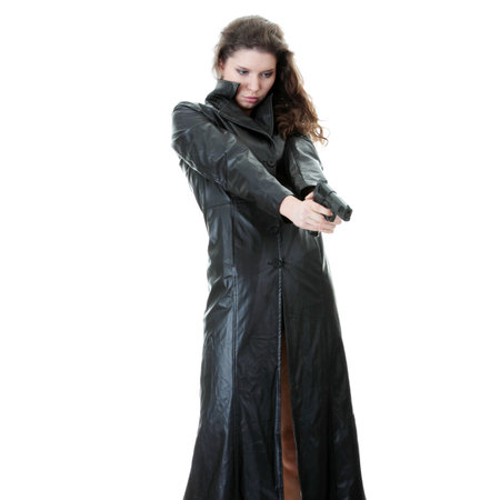 Woman With Handgun isolated on white backgroundの写真素材