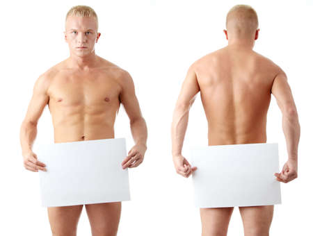 Young muscular nude man covering a copy space blank billboard isolated on whiteの写真素材