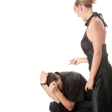 Man and woman conflict. Isolated on white.の写真素材