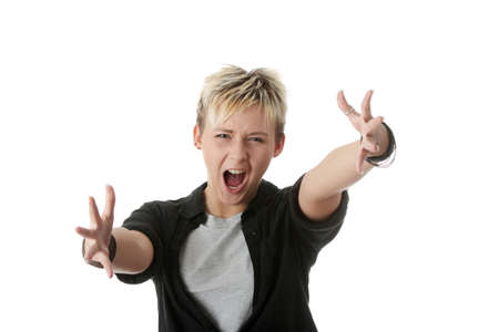 Young caucasian punk woman screaming, isolated on white backgroundの写真素材