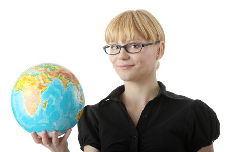 Young beautiful optimistic student woman with a globe, isolated on white

