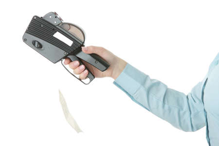 Young beautiful caucasian woman worker, setting price labels, isolated on whiteの写真素材