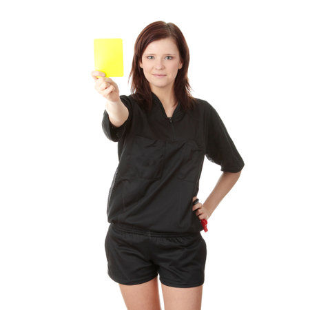 Young female referee showing the red card, isolated on white