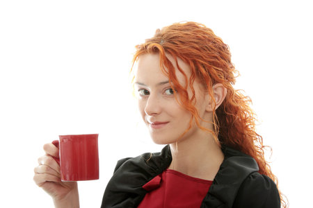 Beautiful deaf woman drinking coffee isolated on whiteの写真素材