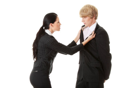 Work Colleagues arguing (woman shouting on man), isolated on white background 