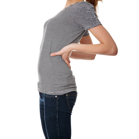 Teen student woman with back pain isolated 