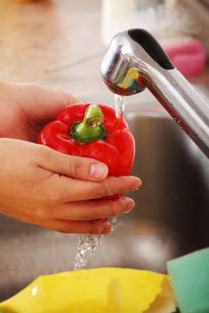 Woman hands washing red paprikaの写真素材