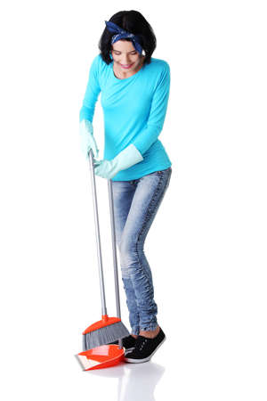 Happy cleaning woman portrait, isolated on white の写真素材