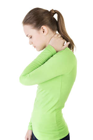 Young woman holding hand on her neck. Neck pain concept の写真素材