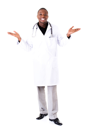 Male doctor with open hands. Spread hands. Isolated on white. の写真素材