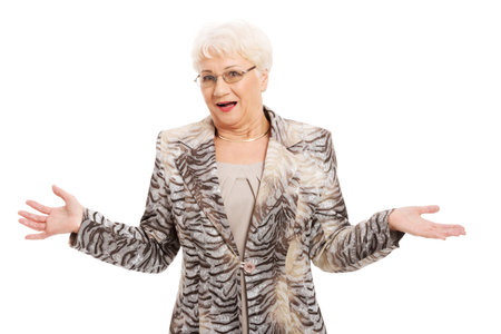 An old elegant lady having her hands spread  isolated on white  