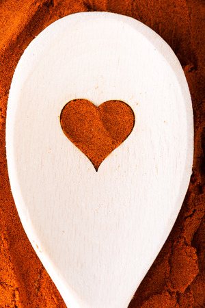 Heart shape made from spice on a wooden spoon. Composition.の写真素材