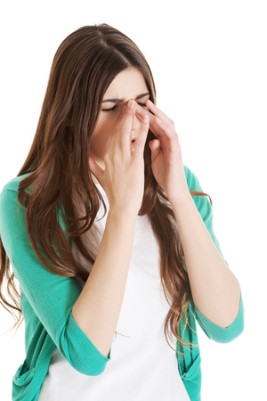 Woman with sinus pressure painの写真素材