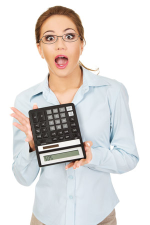 Fear woman with sos on calculator.の写真素材