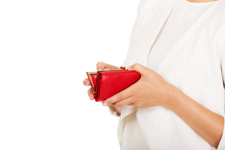 Hands of businesswoman with empty wallet.の写真素材