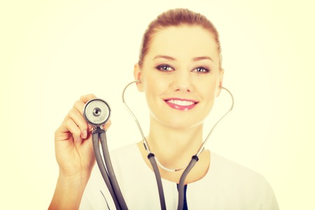 Smiling medical doctor woman with stethoscope.の写真素材
