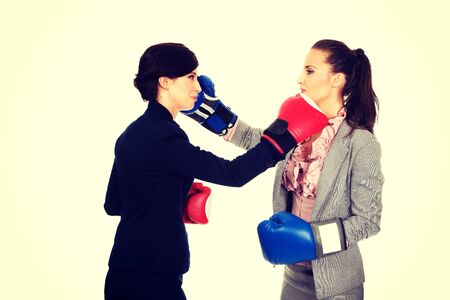 Two beautiful business women with boxing gloves fighting.の写真素材