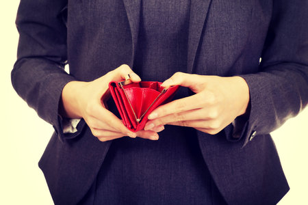 Caucasian businesswoman with empty wallet.