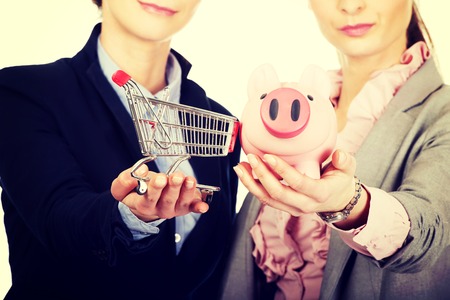 Two businesswomen holding a piggybank and shopping cart.の写真素材