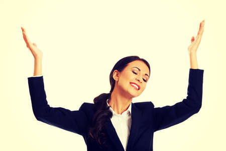Portrait of businesswoman holding copyspace.の写真素材
