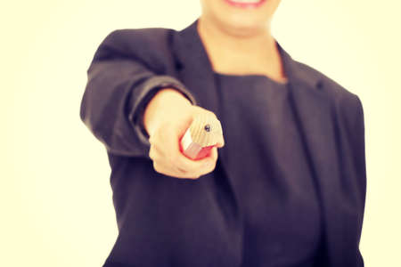 Business woman pointing on camera with pencil.の写真素材