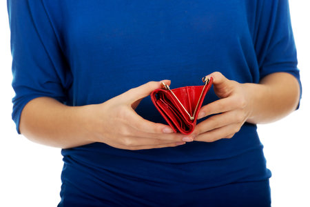 Bankrupt woman with empty wallet.