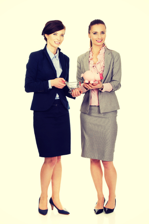 Two businesswomen holding a piggybank and shopping cart.の写真素材
