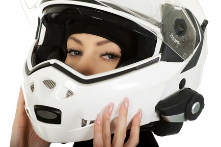 Beautiful sexy woman with motorcycle helmet.の写真素材