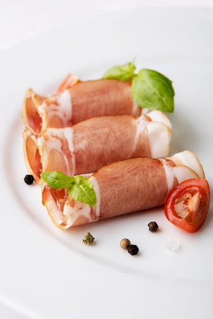 Black forest ham on white plate.の写真素材