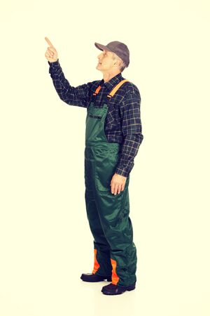 Experienced smiling gardener in uniform pointing upの写真素材