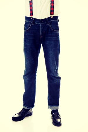 Young old fashioned man wearing suspenders.の写真素材