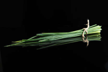 Fresh green chives on black background.の写真素材