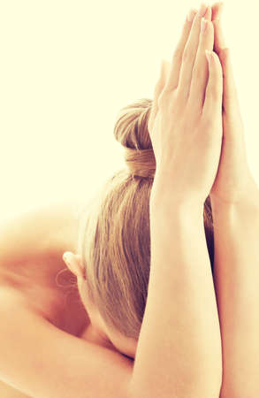 Beautiful caucasian naked woman's body. Isolated on white.の写真素材