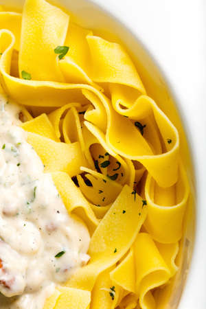 Pasta with cream sauce with chanterelle.の写真素材