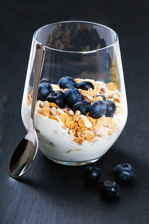 Dietetic breakfast - yoghurt with muesli and huckleberriesの写真素材