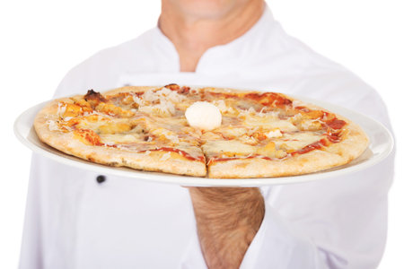 Hand of chef baker with italian pizzaの写真素材