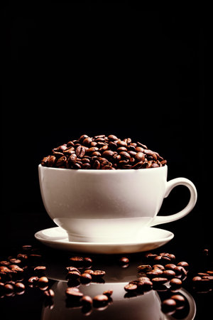 White cup with coffee seeds on black background.