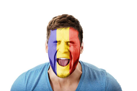 Screaming man with Andora flag on face.の写真素材