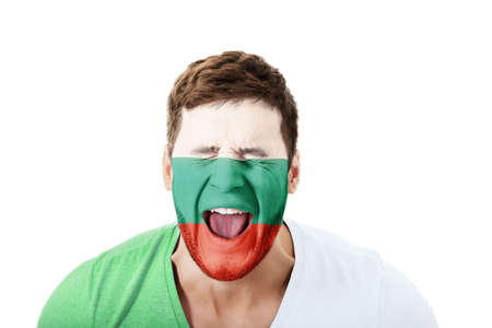 Screaming man with Bulgaria flag on face.の写真素材