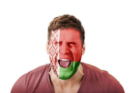 Screaming man with Belarus flag on face.の写真素材