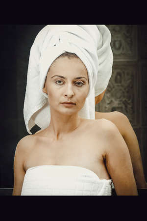 Natural beautiful woman in bathroom.の写真素材