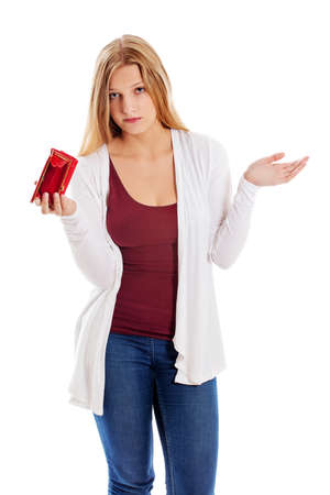 Young woman shows her empty wallet. Bankruptcyの写真素材