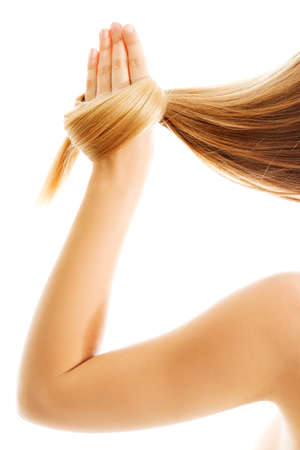 Long blond human hair close-up.の写真素材