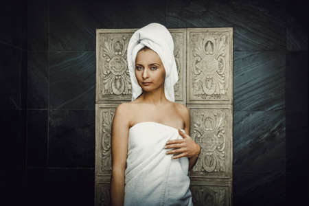 Natural beautiful woman in bathroom.の写真素材