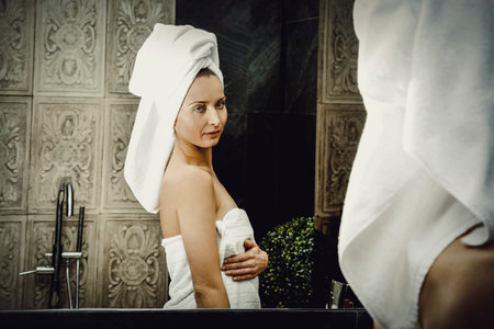 Natural beautiful woman in bathroom.の写真素材