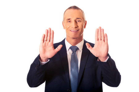 Businessman pressing abstract screenの写真素材